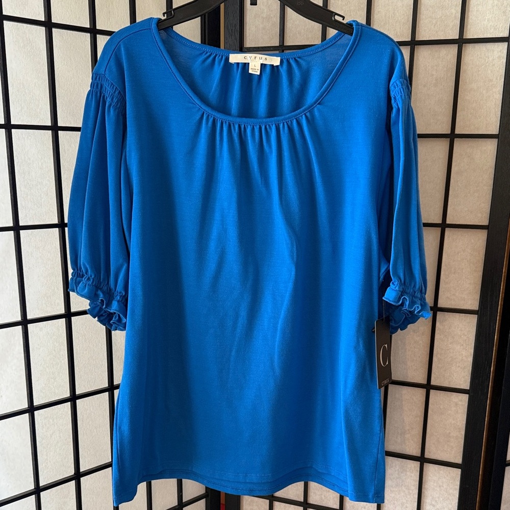 Cyrus Bright Blue Scoop Neck Ruffle Sleeve Blouse